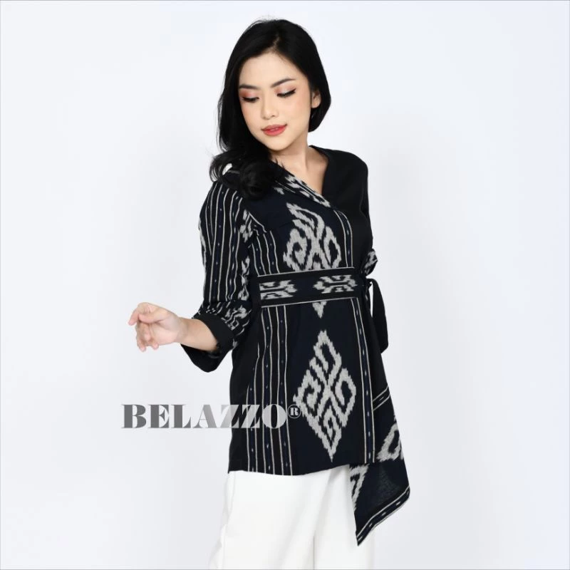 Blouse Batik Tenun Modern Hitam Bunga, A Series, Atasan Wanita Etnik Premium.